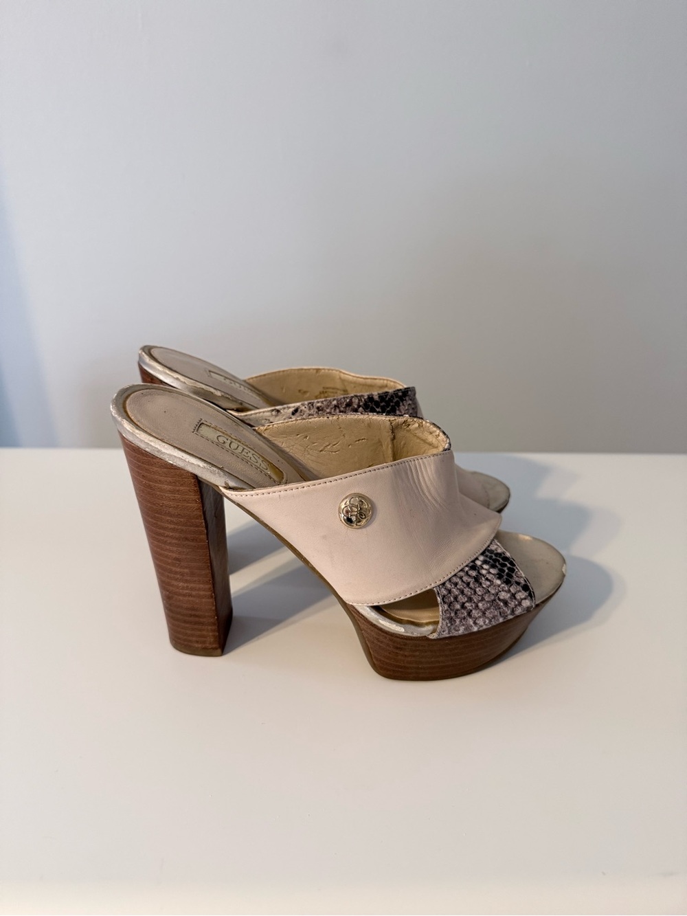 Guess Cream and Brown Snake-Print Platform Mules
